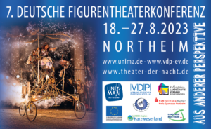 Abzeige zur Werbung für die 7. deutsche Figurentheaterkonferenz vom 18.-27-8-2023 in Northeim. Die Logos der Sponsoren sind aufgeführt.