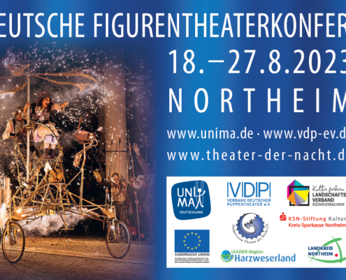 Abzeige zur Werbung für die 7. deutsche Figurentheaterkonferenz vom 18.-27-8-2023 in Northeim. Die Logos der Sponsoren sind aufgeführt.