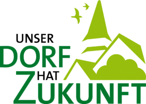 Unser Dorf hat Zukunft Logo. schriftzug mit der Silhouette eines Dorfes