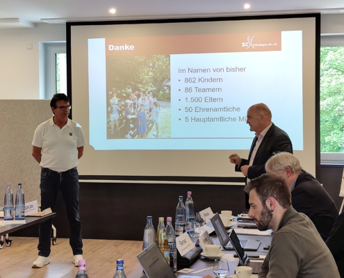 Jörg Grabowski vom SC Schoningen 04 e.V. stellt das Projekt „Erweiterung des Sommer-camps Schoningen“ vor. Uslars Bürgermeister Torsten Bauer zeigt seine Unterstützung.